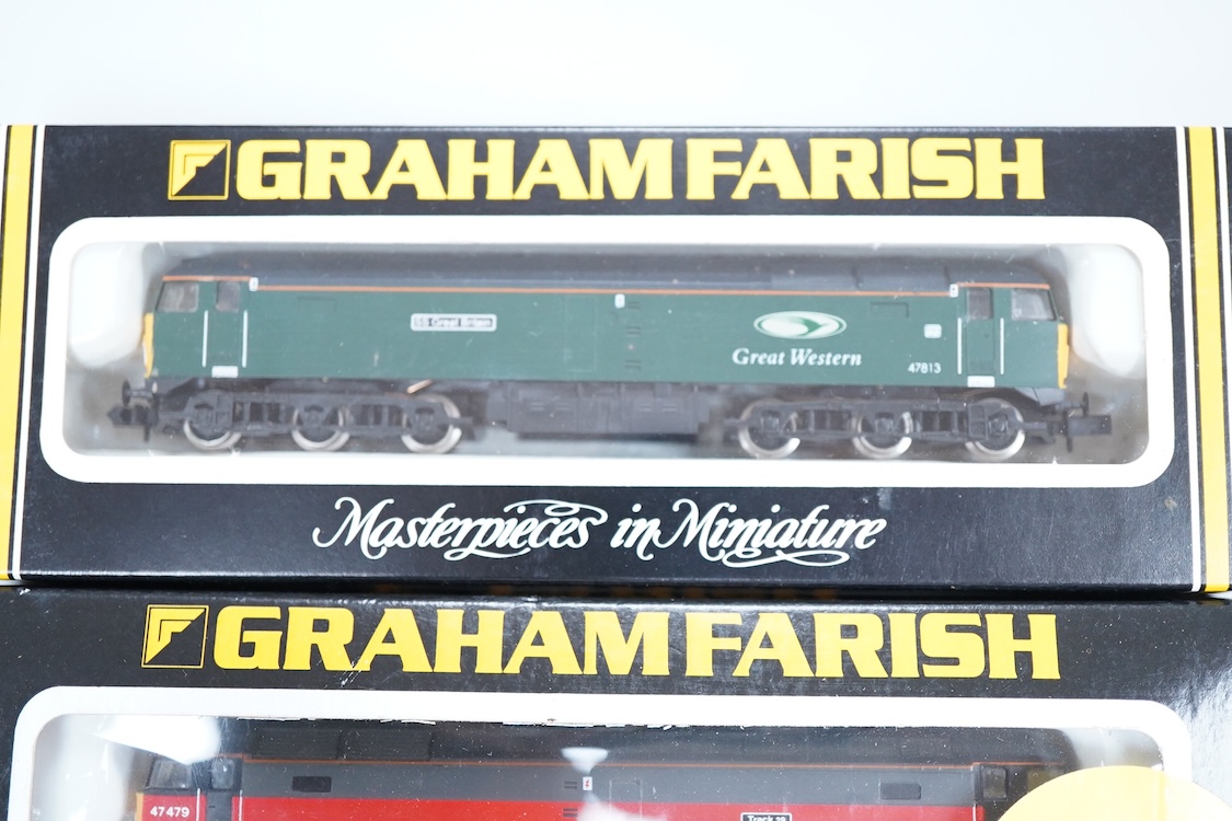 Four boxed Graham Farish N gauge railway Class 47 diesel locomotives; a Porterbrook, 47 817 (LE801A), a Network SouthEast, 47 582 (8018), a Great Western, SS Great Britain 47813, (8002) and a Parcels, Track 29 47479 (802